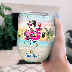 Personalized Flamingo Wine Tumbler - Exclusive Design of Flamingo Holding Wine Strolling the Beach