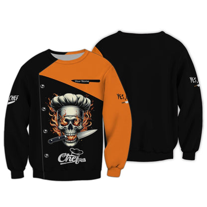 Personalized Chef Shirt - Edgy Flaming Skull Motif for the Passionate Cook, All Over Printed
