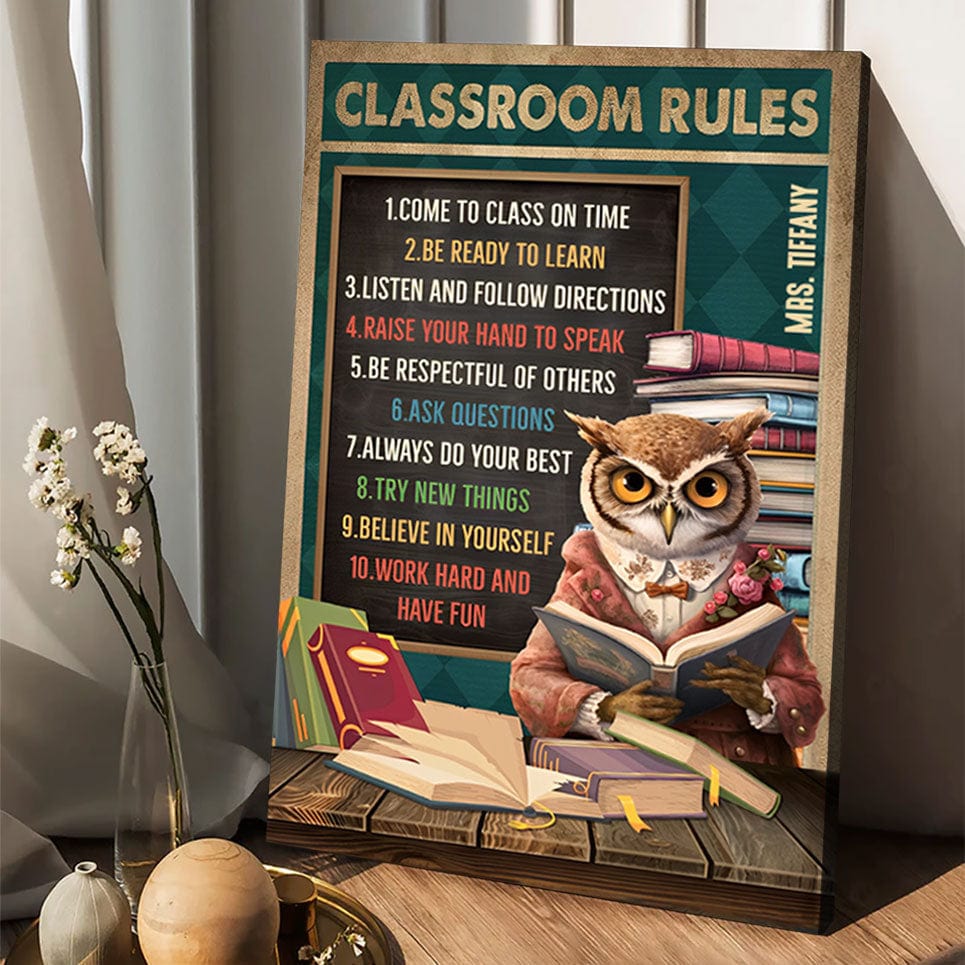 Lienzo y póster personalizados para profesores: donde el gato búho con un libro despierta nuestra búsqueda de sabiduría