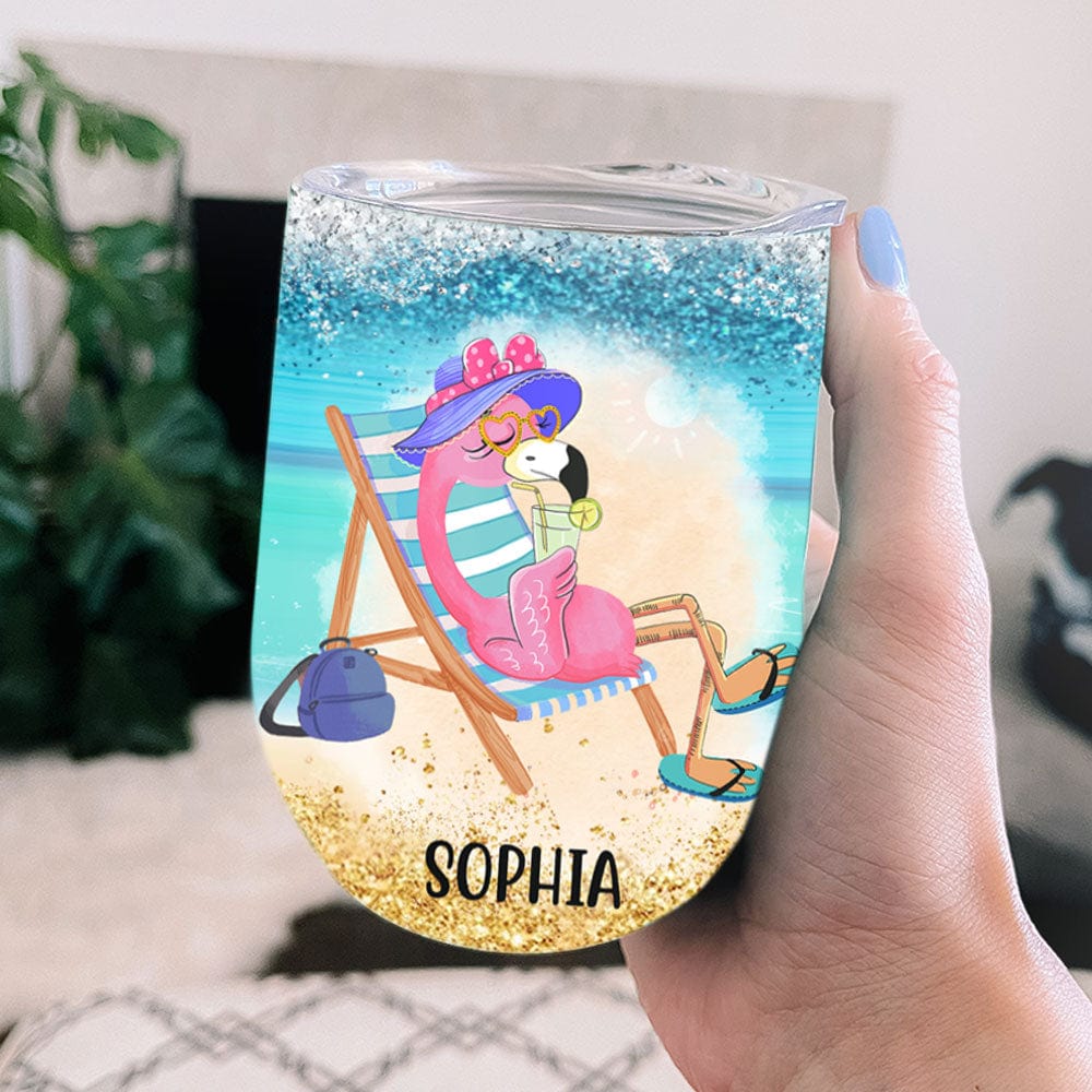 Vaso de vino personalizado con diseño de flamenco: la vida es mejor en la playa