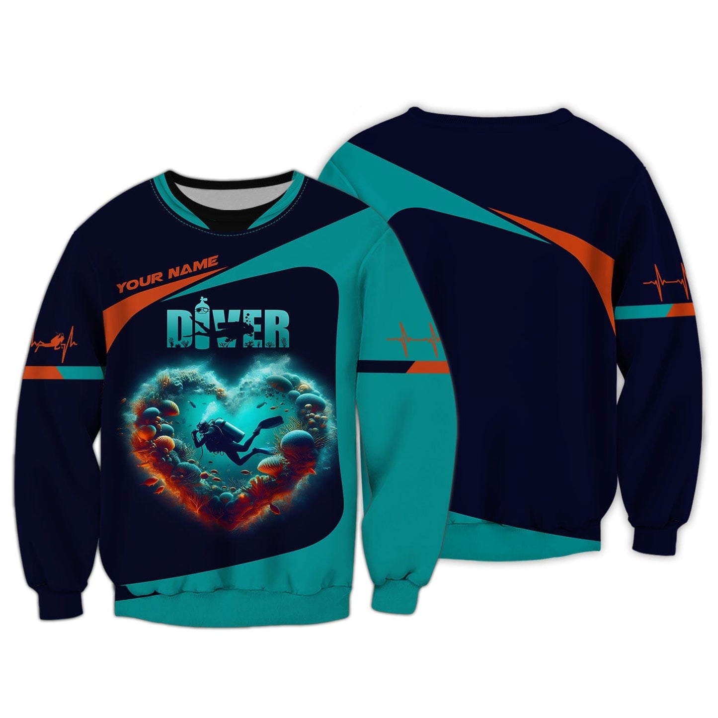3D Full Print Scuba Diving Heart Shirts Personalized Name Gift For Diver Lovers, All Over Printed