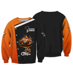 Camisa de chef personalizada: diseño de filete en llamas en negro y naranja