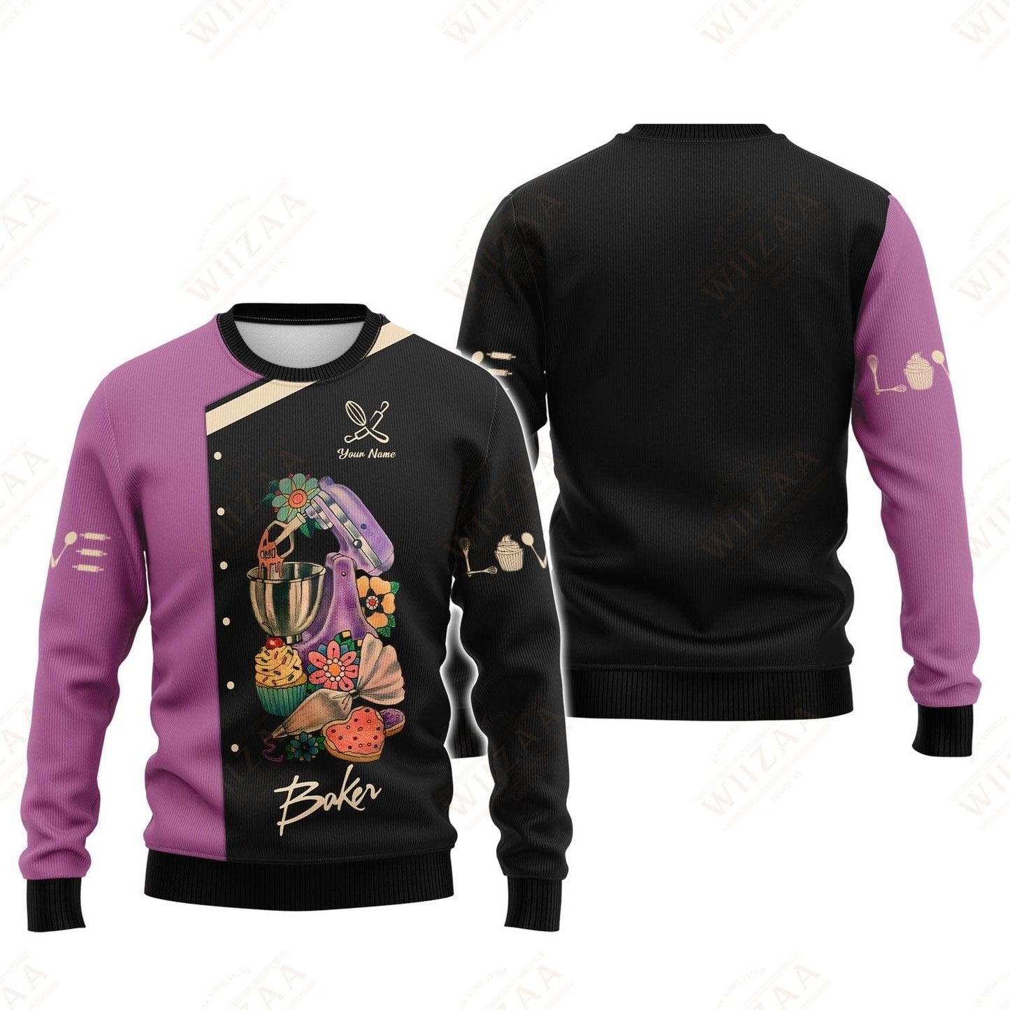 Personalized Baker Shirt - Bold Mixer & Pastry Graphics on Mauve Background