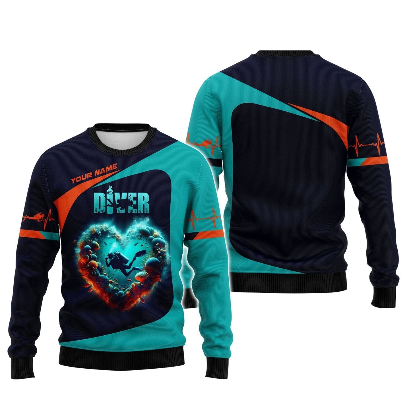 3D Full Print Scuba Diving Heart Shirts Personalized Name Gift For Diver Lovers, All Over Printed