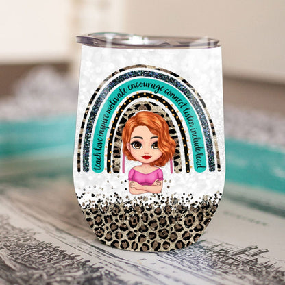 Vaso de vino personalizado para profesores: enseñar, amar, inspirar, motivar, alentar, conectar, escuchar, incluir, liderar