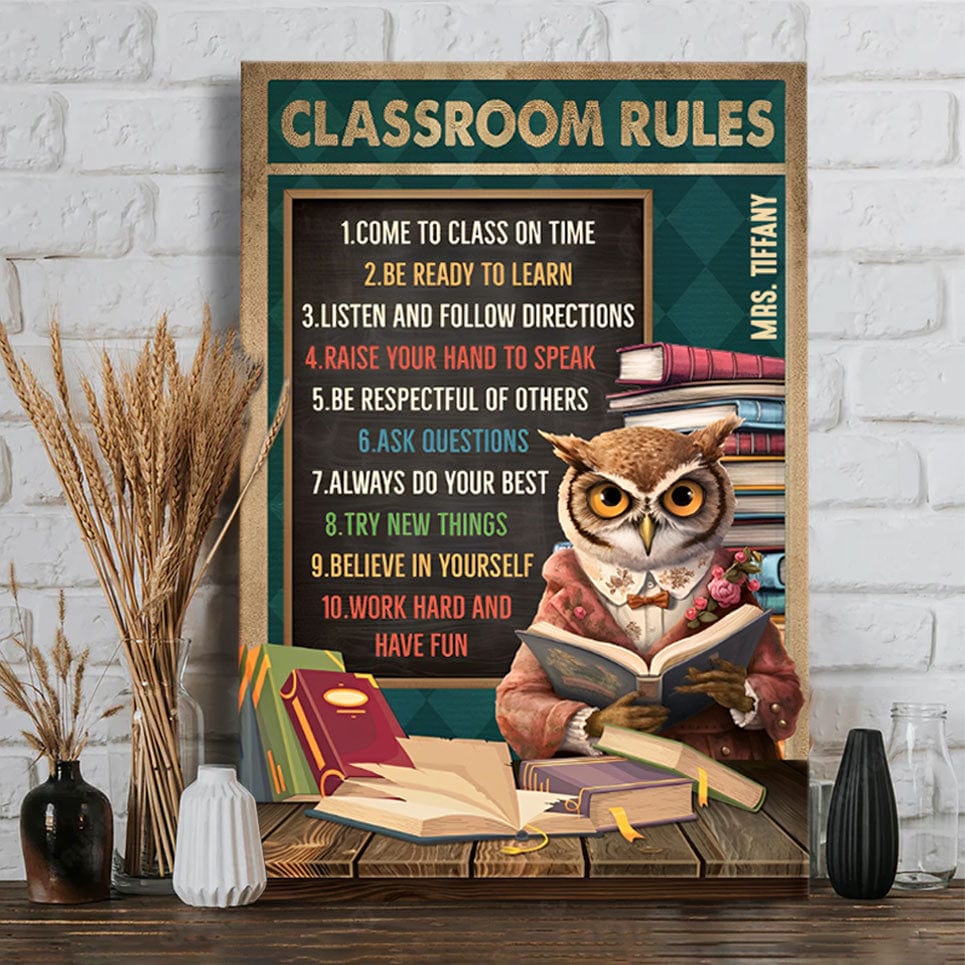 Lienzo y póster personalizados para profesores: donde el gato búho con un libro despierta nuestra búsqueda de sabiduría