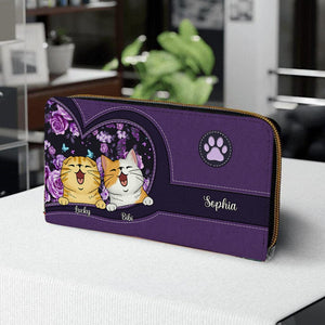 Personalized Cat Wallet 20x11cm - Customizable Cat Breed & Name Design, Featuring A Smiling Cat Against A Purple Ethnic Background