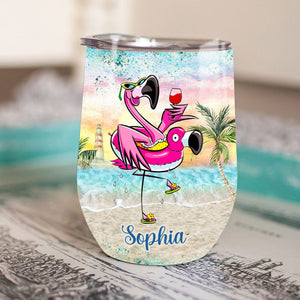 Personalized Flamingo Wine Tumbler - Exclusive Design of Flamingo Holding Wine Strolling the Beach