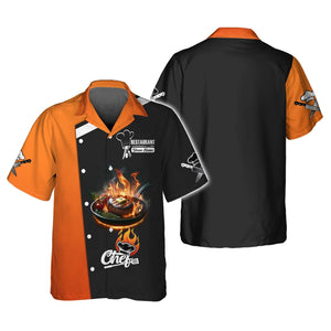 Camisa de chef personalizada: diseño de filete en llamas en negro y naranja