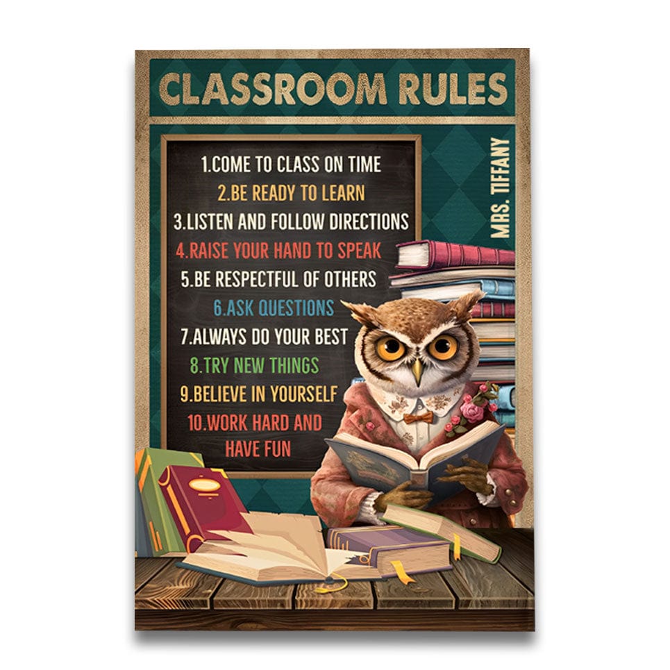 Lienzo y póster personalizados para profesores: donde el gato búho con un libro despierta nuestra búsqueda de sabiduría