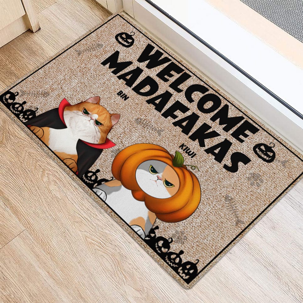 Personalized Cat Halloween Doormat - Welcome, Feline Fiends: Paws, Claws & Midnight Paws