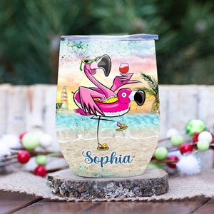 Personalized Flamingo Wine Tumbler - Exclusive Design of Flamingo Holding Wine Strolling the Beach