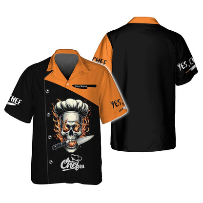 Personalized Chef Shirt - Edgy Flaming Skull Motif for the Passionate Cook, All Over Printed