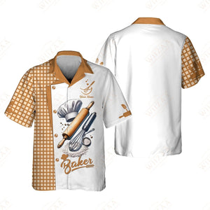 Camiseta de panadero personalizada: diseño refinado de batidor y rodillo sobre blanco clásico