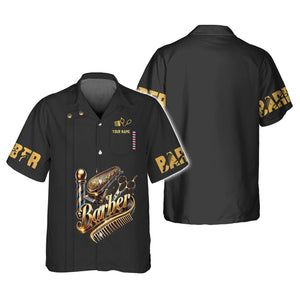 3D Full Print Golden Barber Tools T-Shirts Personalized Name Gift For Barber Lovers, All Over Printed