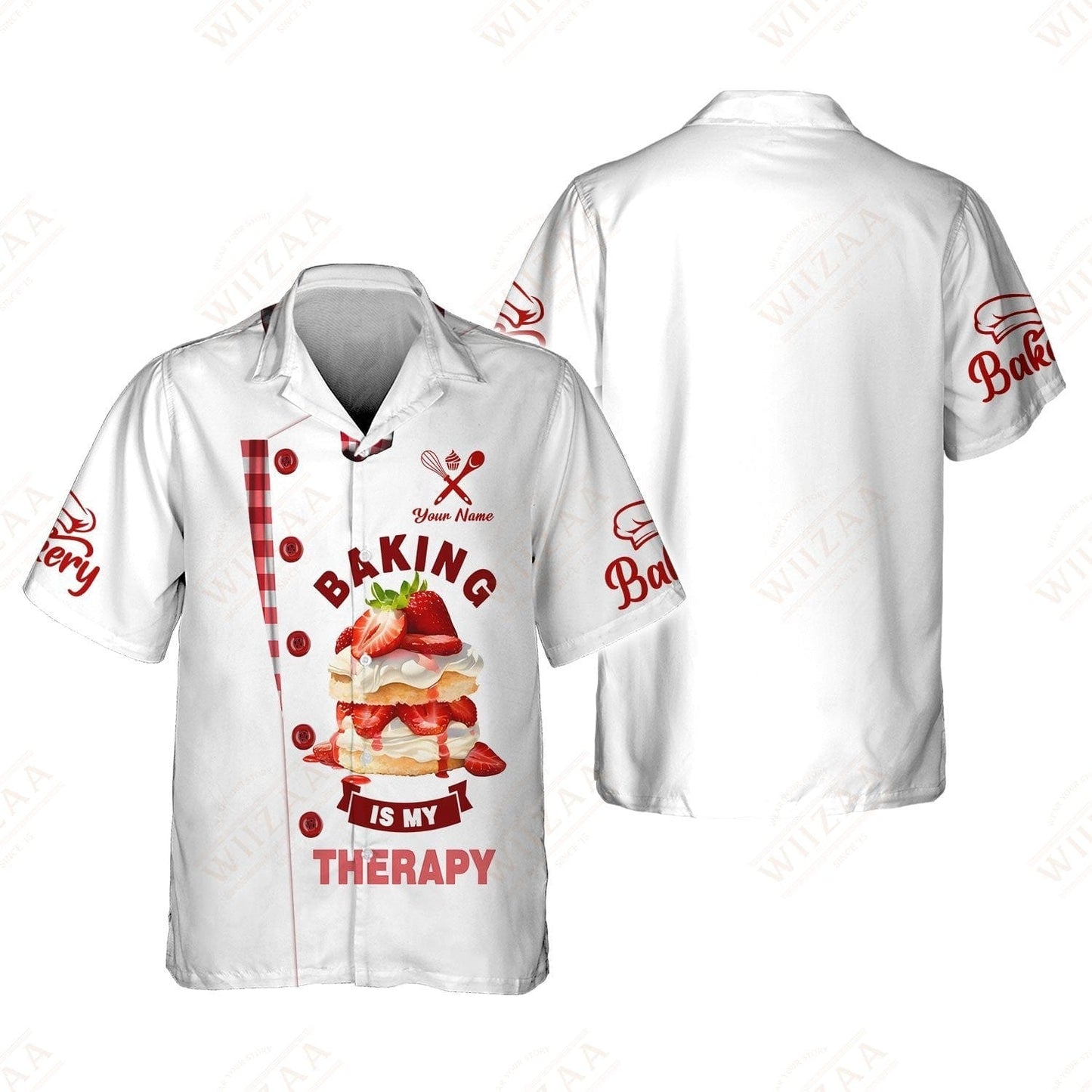 Camiseta de panadero personalizada: 'Hornear es mi terapia', motivo de pastel de fresa