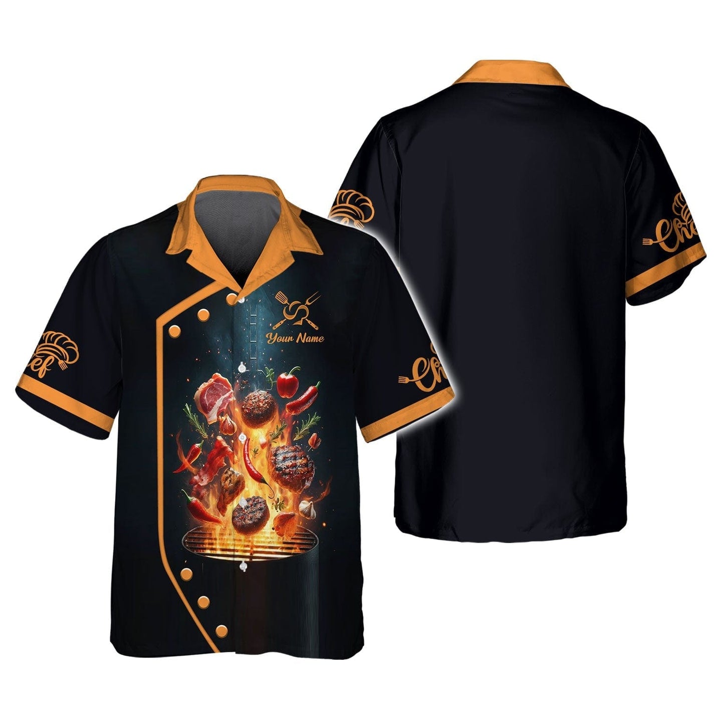 Personalized Chef Shirt - Fiery BBQ Design for Grill Masters, All Over Printed