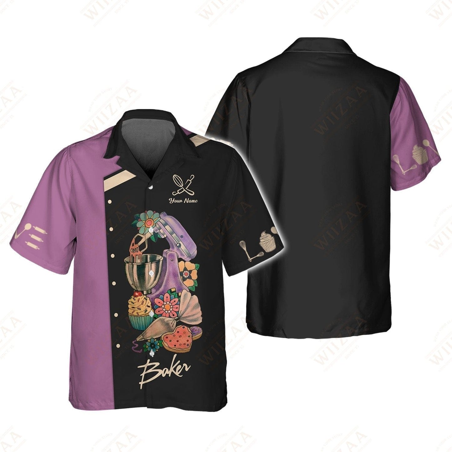 Personalized Baker Shirt - Bold Mixer & Pastry Graphics on Mauve Background