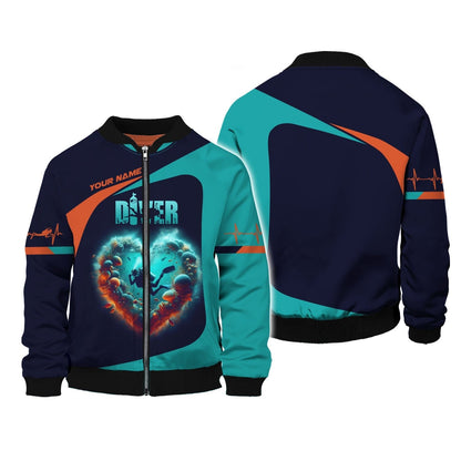 3D Full Print Scuba Diving Heart Shirts Personalized Name Gift For Diver Lovers, All Over Printed