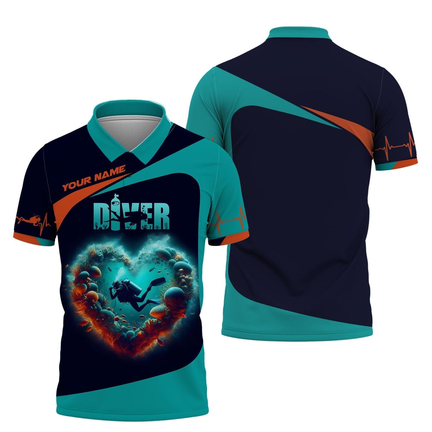 3D Full Print Scuba Diving Heart Shirts Personalized Name Gift For Diver Lovers, All Over Printed