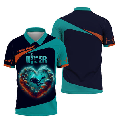 3D Full Print Scuba Diving Heart Shirts Personalized Name Gift For Diver Lovers, All Over Printed
