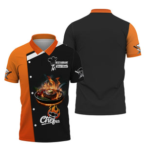 Camisa de chef personalizada: diseño de filete en llamas en negro y naranja