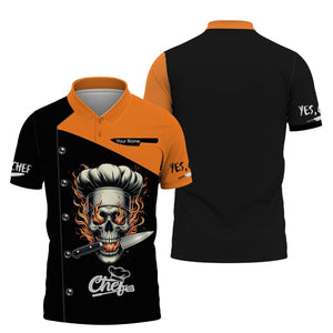 Camisa de chef personalizada: diseño llamativo de calavera en llamas para cocineros entusiastas