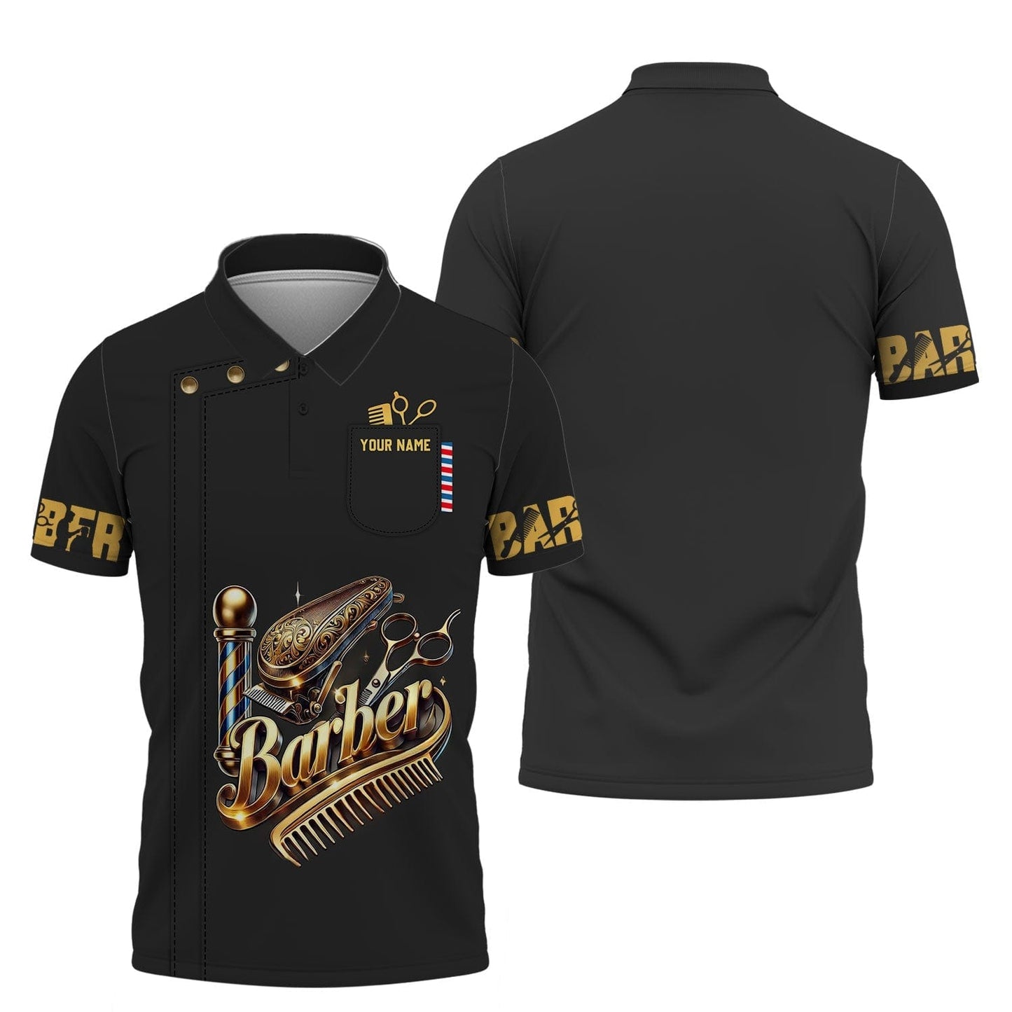 3D Full Print Golden Barber Tools T-Shirts Personalized Name Gift For Barber Lovers, All Over Printed
