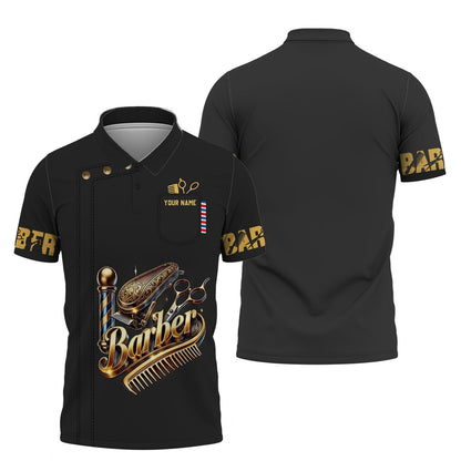 3D Full Print Golden Barber Tools T-Shirts Personalized Name Gift For Barber Lovers, All Over Printed