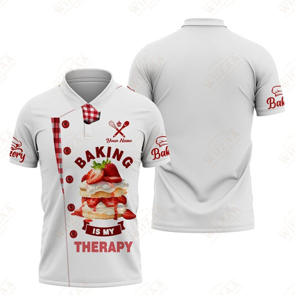 Camiseta de panadero personalizada: 'Hornear es mi terapia', motivo de pastel de fresa