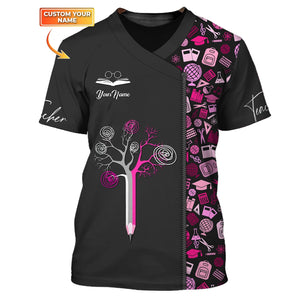 Camiseta personalizada con estampado integral para profesores: color negro y rosa, árbol de la sabiduría sobre un fondo vívido