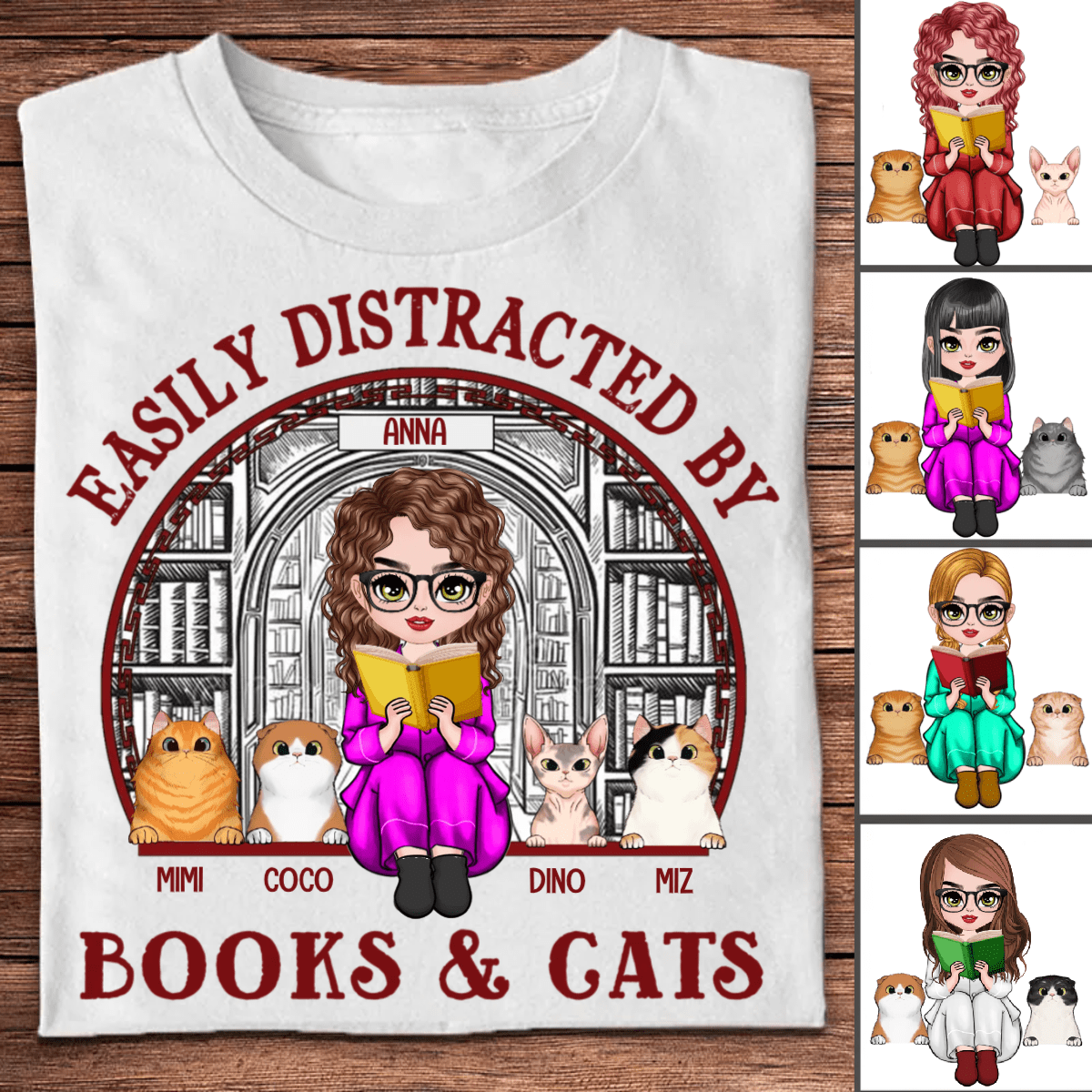 Personalized Woman T-shirt - Easily Distracted By Book & Cats