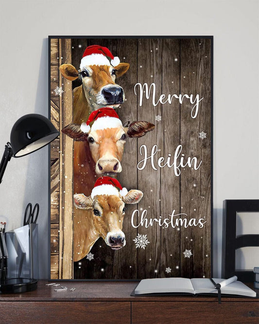 Póster de vaca navideña Merry Heifin, lienzo