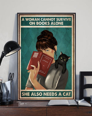 Una mujer no puede sobrevivir solo de libros, también necesita un gato. Póster de gato negro y libro, lienzo