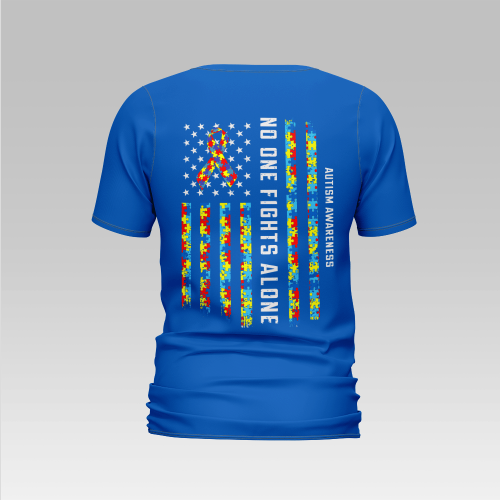 Camiseta de apoyo a la concienciación sobre el autismo, cinta con la bandera estadounidense que dice "Nadie lucha solo"