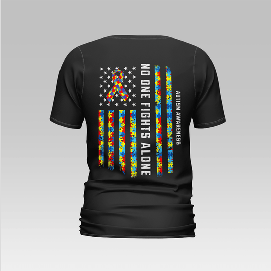 Camiseta de apoyo a la concienciación sobre el autismo, cinta con la bandera estadounidense que dice "Nadie lucha solo"