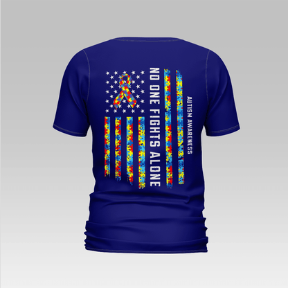Camiseta de apoyo a la concienciación sobre el autismo, cinta con la bandera estadounidense que dice "Nadie lucha solo"