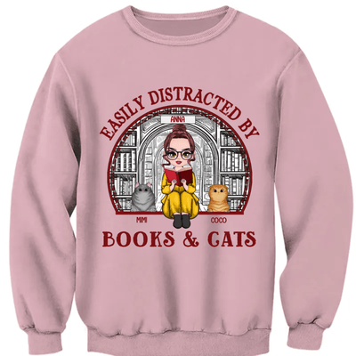 Personalized Woman T-shirt - Easily Distracted By Book & Cats
