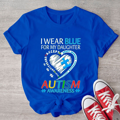 Camiseta de concienciación sobre la aceptación del autismo para mamá y papá, "Me pongo azul por mi hija", pieza de rompecabezas en forma de corazón