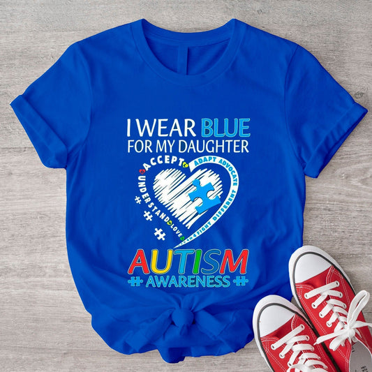 Camiseta de concienciación sobre la aceptación del autismo para mamá y papá, "Me pongo azul por mi hija", pieza de rompecabezas en forma de corazón