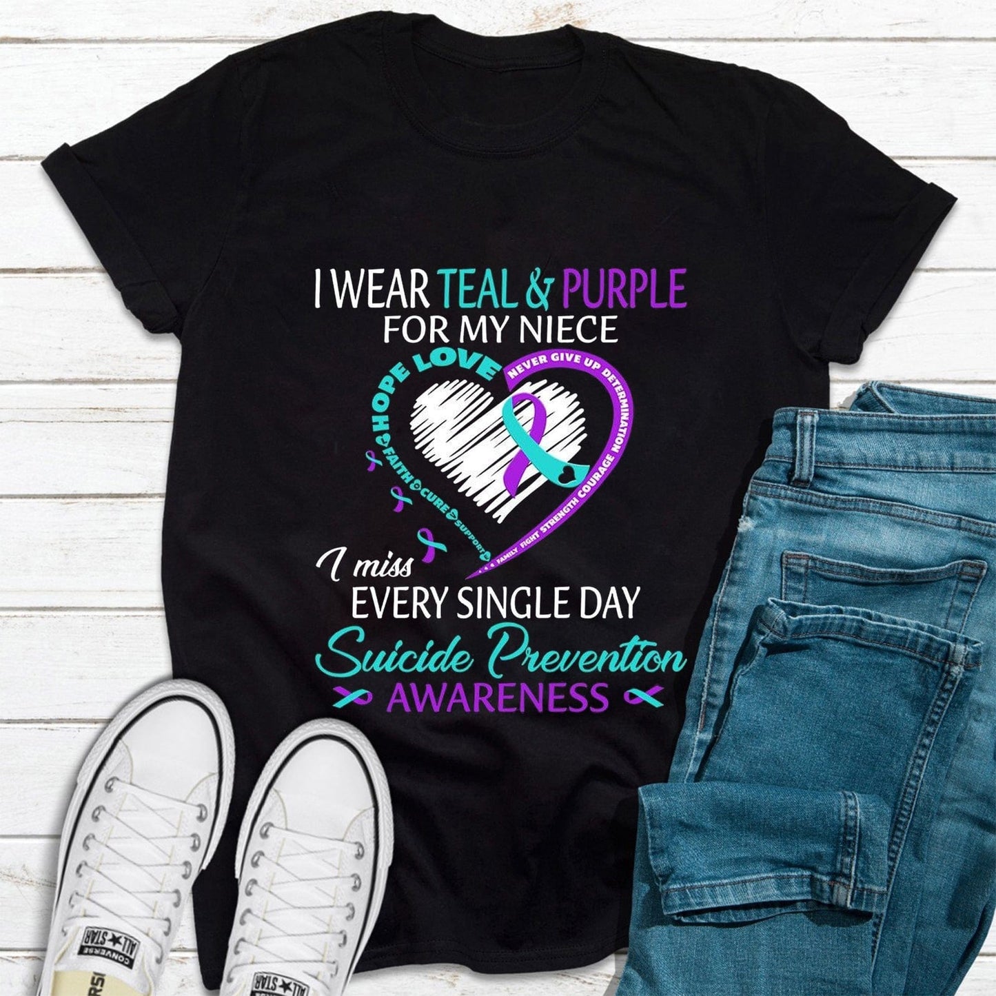 Llevo camiseta verde azulado y morado para mi sobrina, corazón de lazo, concienciación sobre la prevención del suicidio