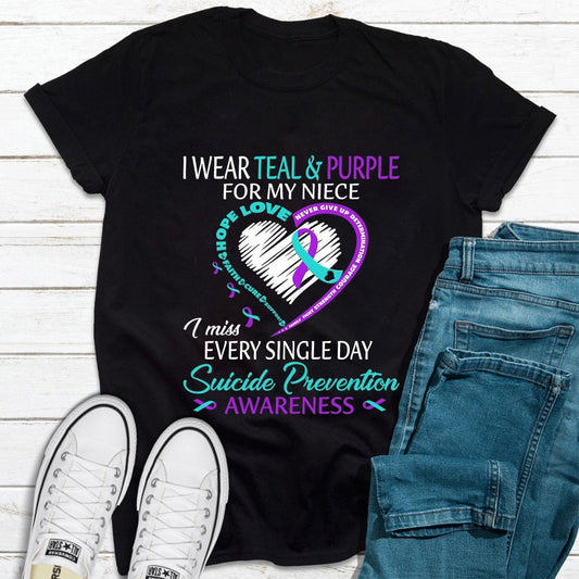 Llevo camiseta verde azulado y morado para mi sobrina, corazón de lazo, concienciación sobre la prevención del suicidio
