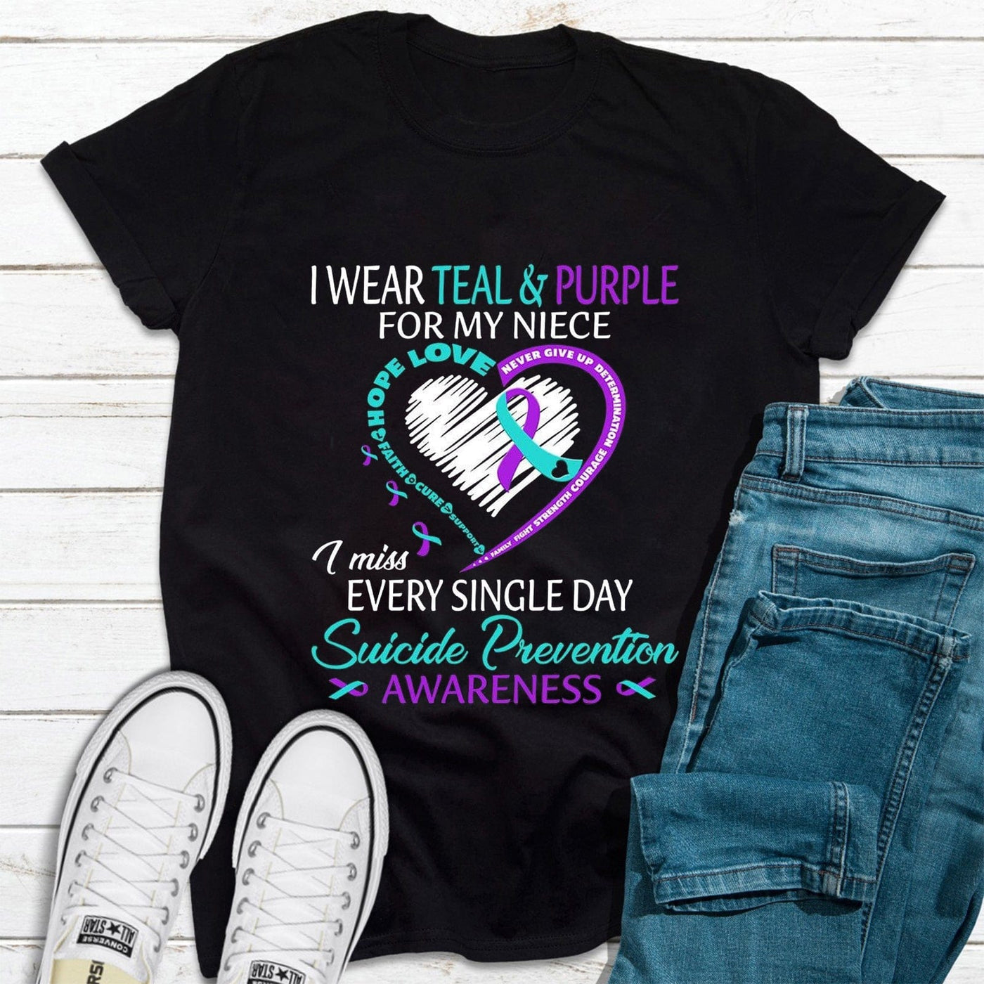 I Wear Teal & Purple For My Niece, Ribbon Heart, Suicide Prevention Awareness T Shirt