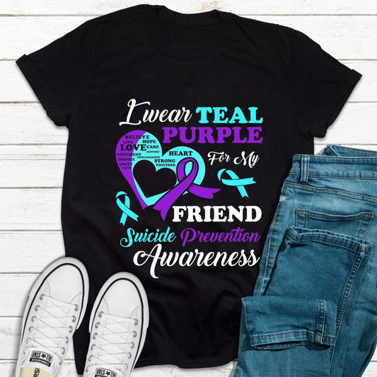 Llevo un color verde azulado y morado para un amigo, camiseta de prevención del suicidio, lazo con forma de corazón
