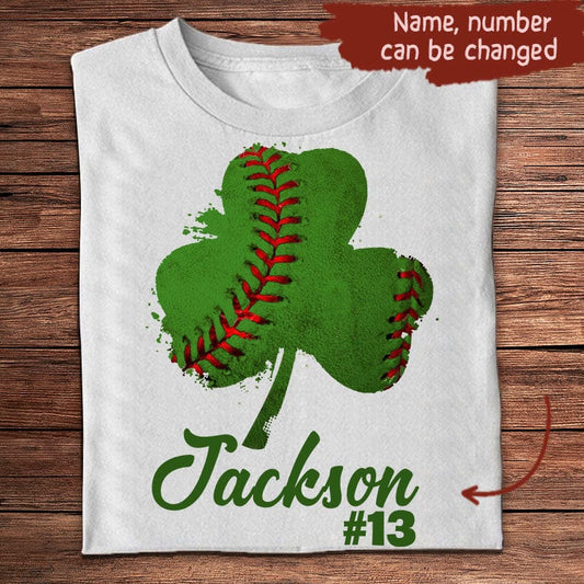 Camiseta de béisbol personalizada: hoja verde de la suerte y nombre y número personalizados