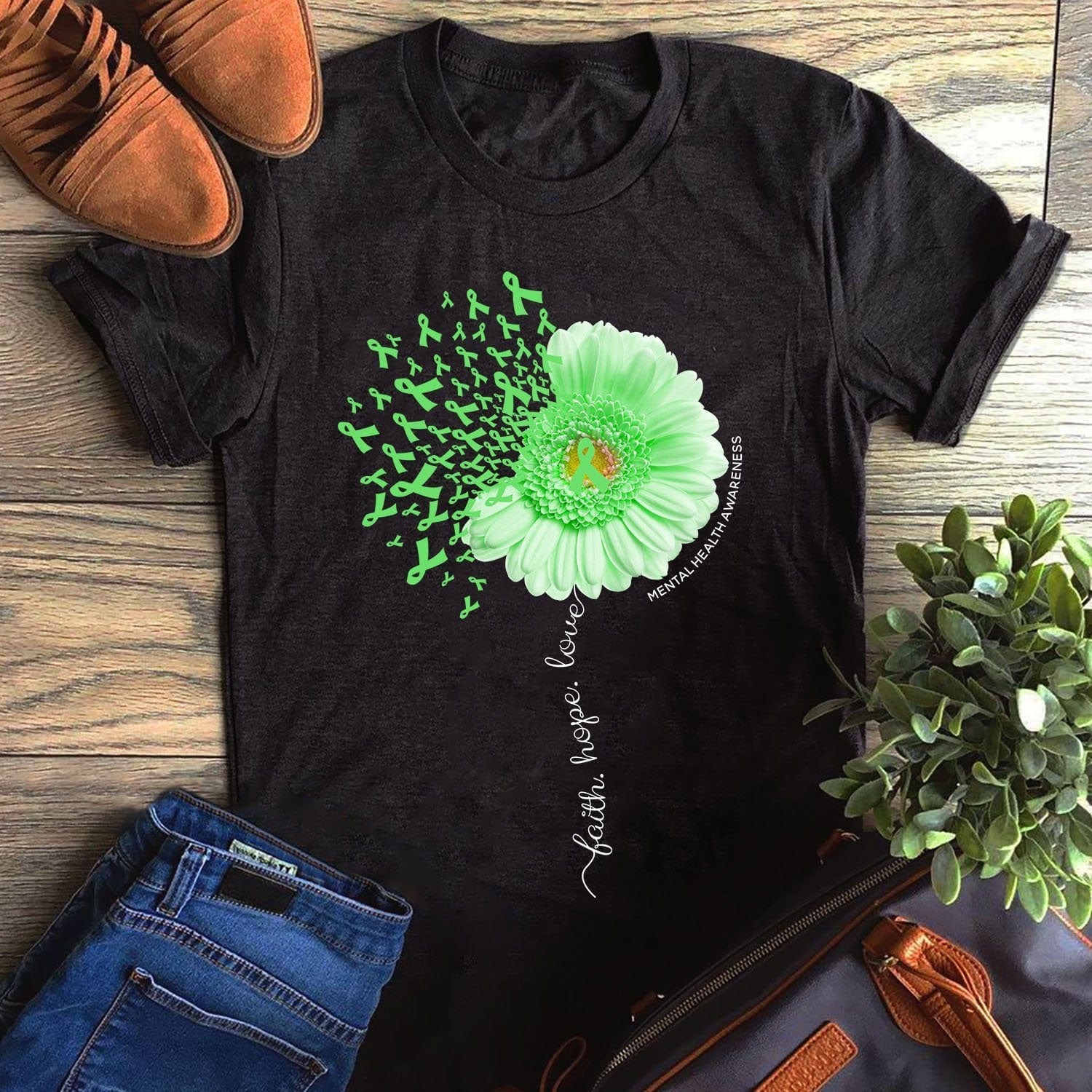 Camiseta de concienciación sobre la salud mental con margaritas, dientes de león, fe, esperanza y amor