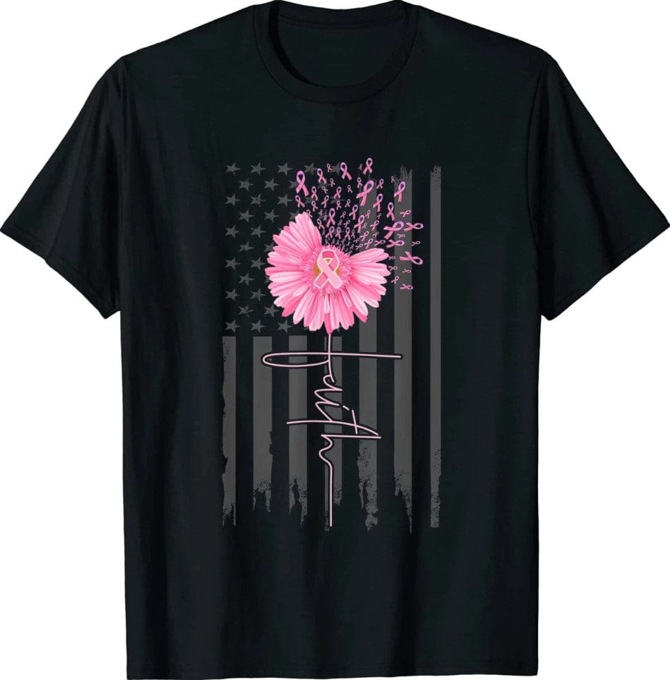 Camiseta con lazo rosa y flor de margarita con bandera estadounidense para concienciar sobre el cáncer de mama