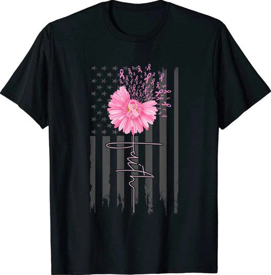Camiseta con lazo rosa y flor de margarita con bandera estadounidense para concienciar sobre el cáncer de mama