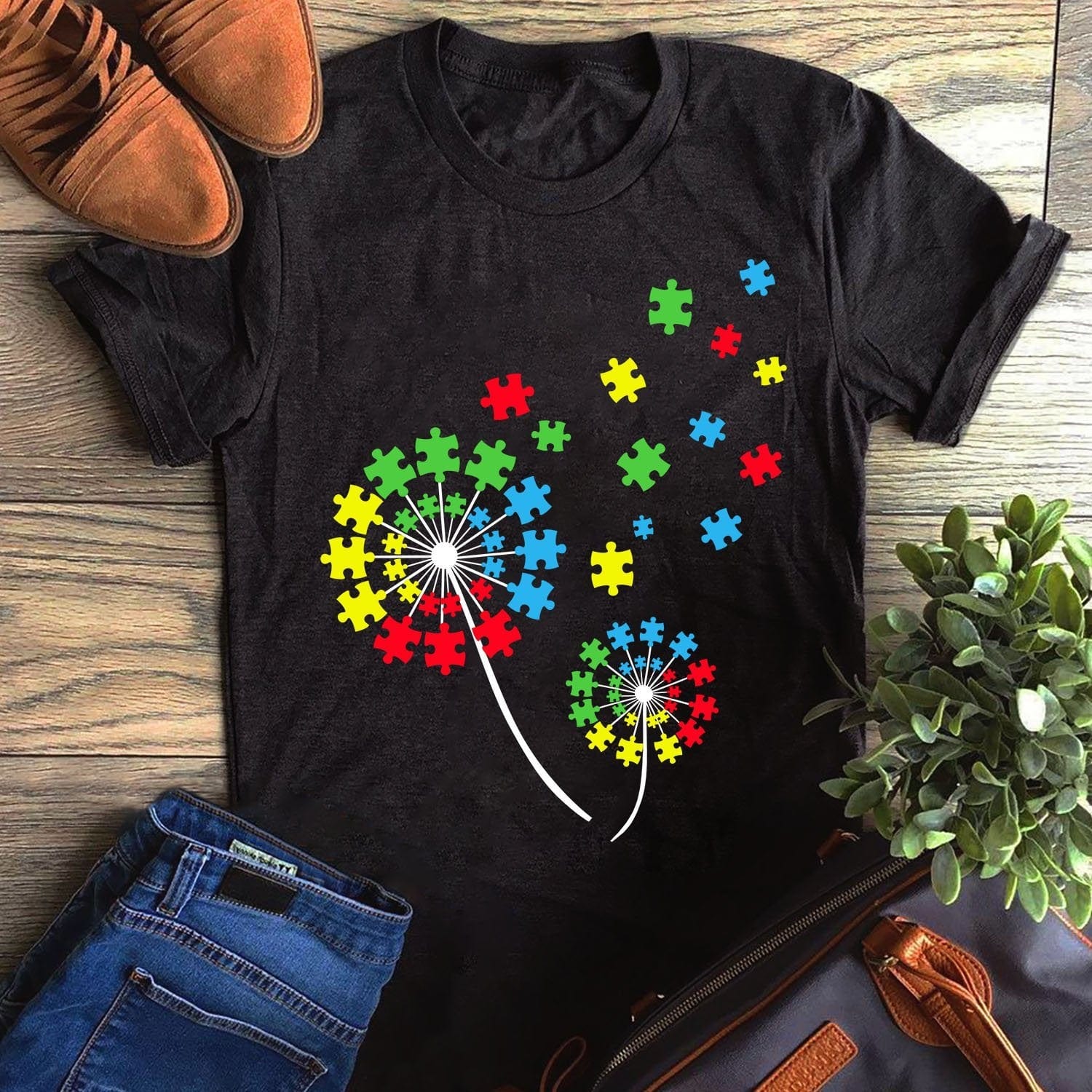 Camiseta divertida de concienciación sobre el autismo con piezas de rompecabezas de diente de león