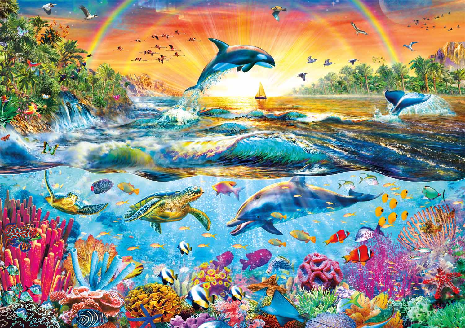 Tropical Paradise Dolphin Jigsaw Puzzle, Whimsical Jigsaw Puzzle, Autism Toys For Kids, Adults